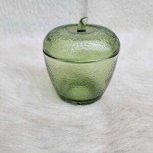 Vintage Hazel Atlas Apple Shaped Green Dimpled Glass Jam Jelly Jar with Lid